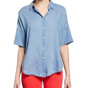 Light Blue Button-Front Short Sleeve Women's Top